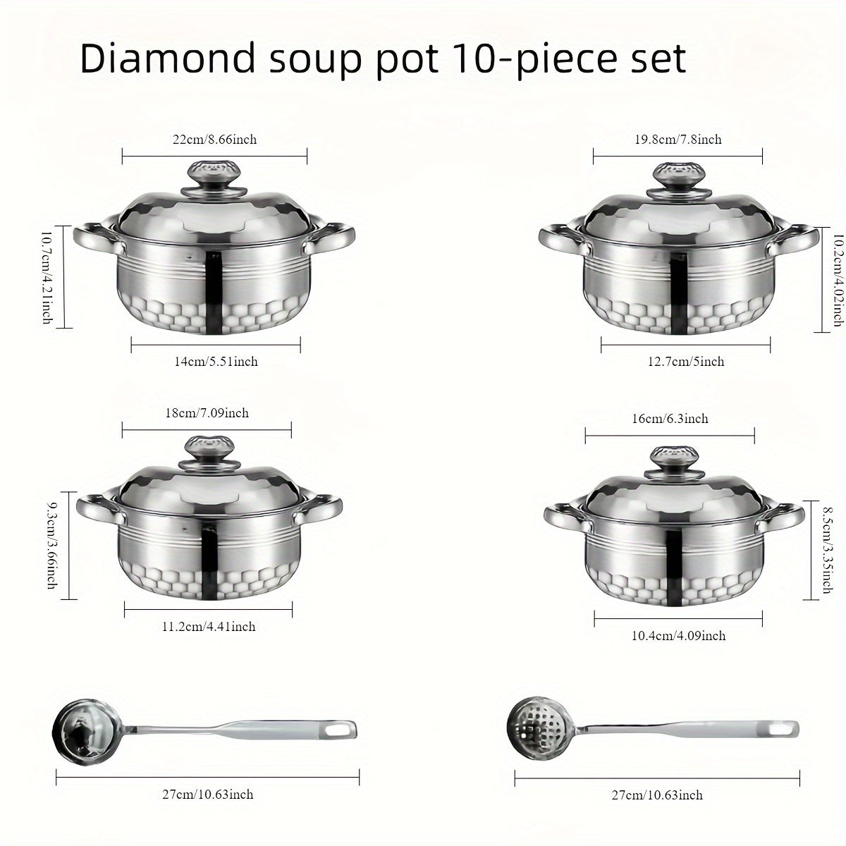 Set of 10 Stainless Steel Cookware Pieces with Lids and Spoons - 4 Pots Included, Featuring Double Handles for Convenient Handling, Ideal for Soups, Hot Pots, Noodles, and Seafood - Suitable for Use on Induction and Gas Stoves