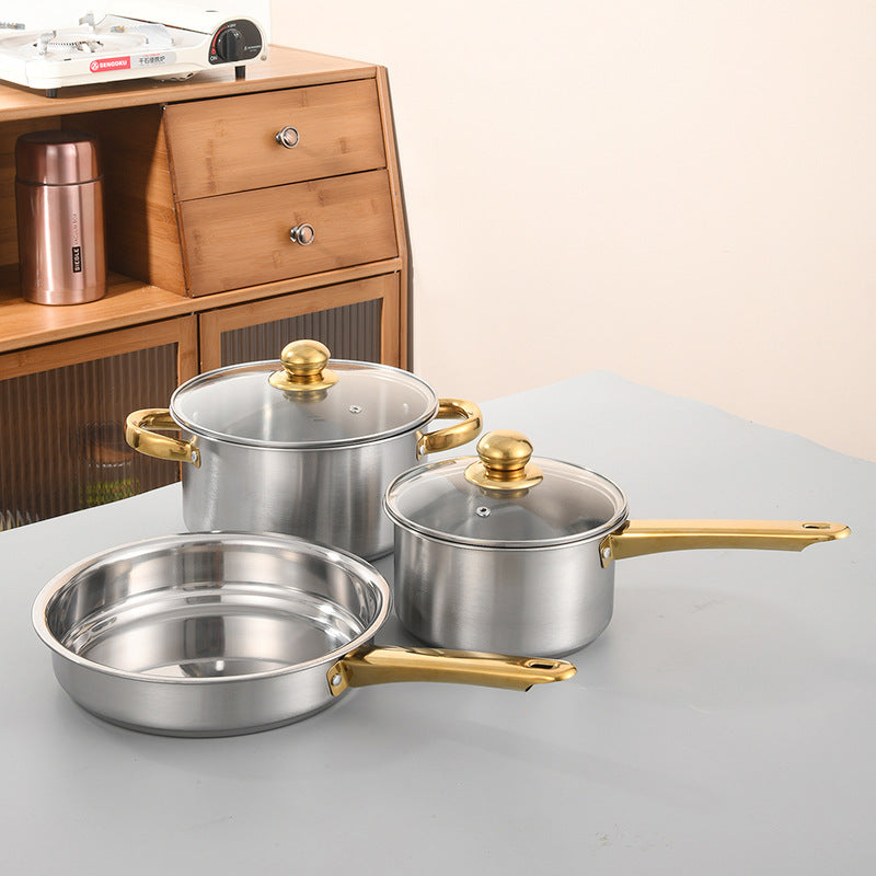 This cookware set includes 4/6 durable stainless steel pieces with golden handles. The versatile collection features pots and pans, including a stock pot and milk pot. Compatible with a variety of stovetops.