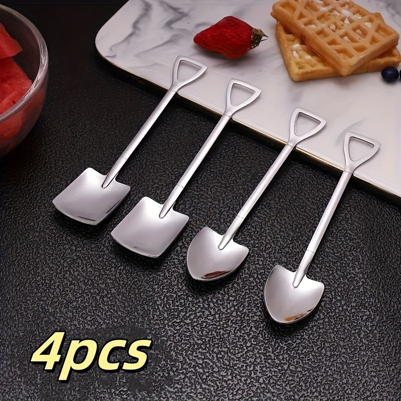 4-piece stainless steel shovel spoon set: versatile for desserts, ice cream, soup, and more. Waterproof with utility hooks, perfect gift idea.