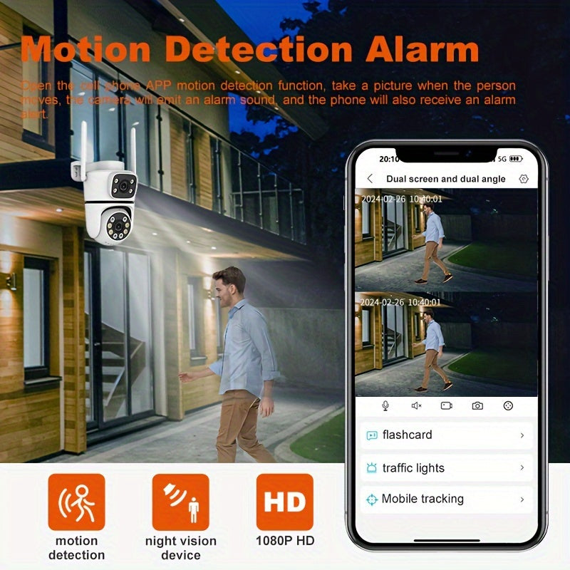 Enhance your home security with 4 dual lens outdoor surveillance cameras featuring 2.4G/Wifi wireless connectivity. Enjoy video surveillance, body tracking, night vision, two-way audio, motion alerts, 355° rotation, and remote viewing on your mobile