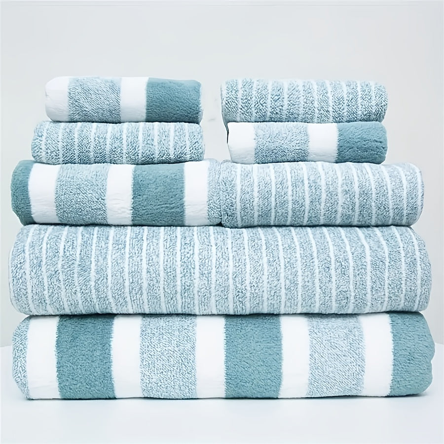 8 narrow strip sports bath towels suitable for bathroom, hotel, fitness, and spa. Includes 2 bath towels, 2 hand towels, and 4 square towels.