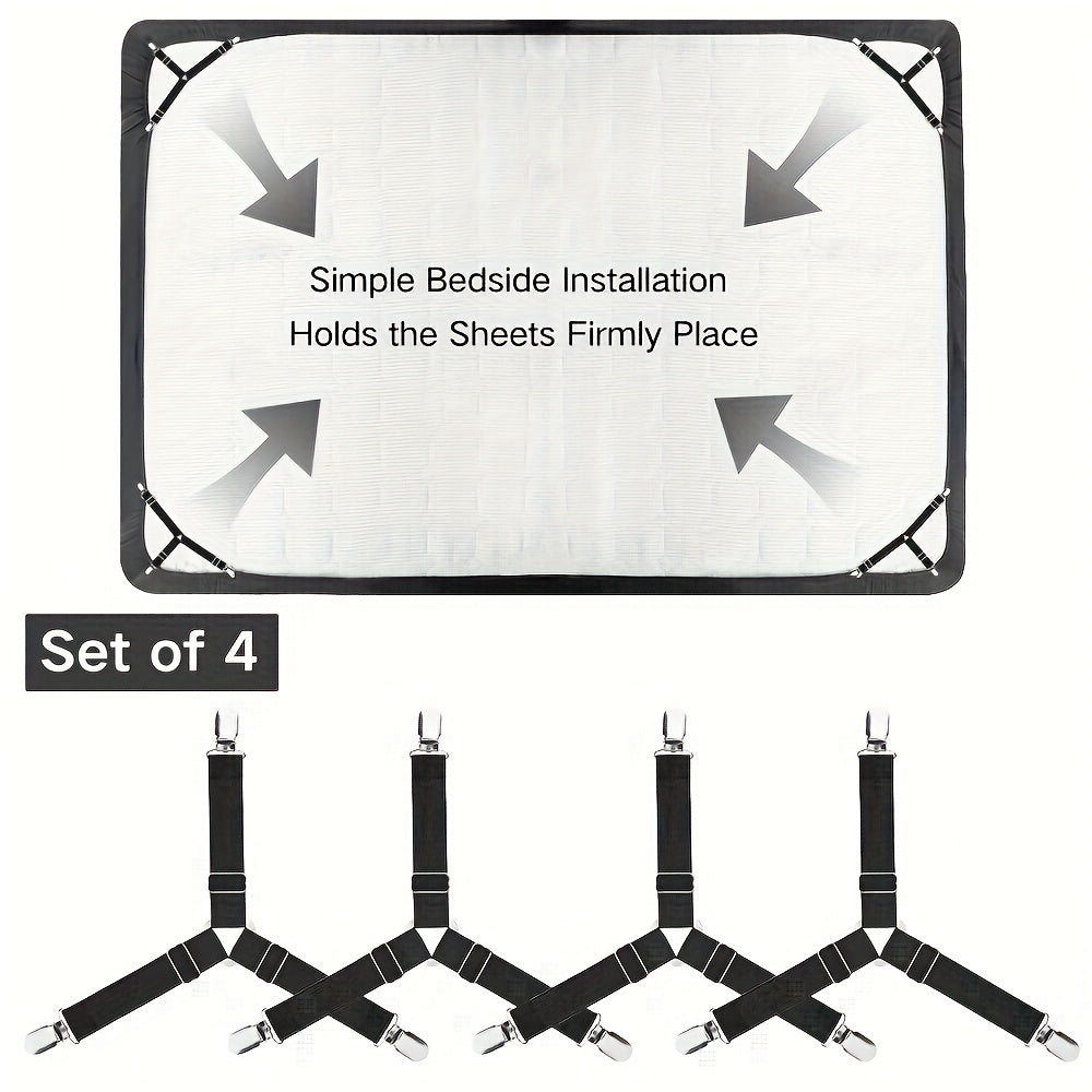 Набор из 4 регулируемых эластичных зажимов для простыней, предназначенных для предотвращения складок и скольжения. Изготовлены из прочного черного нейлона, легко устанавливаются и должны стираться только вручную.
