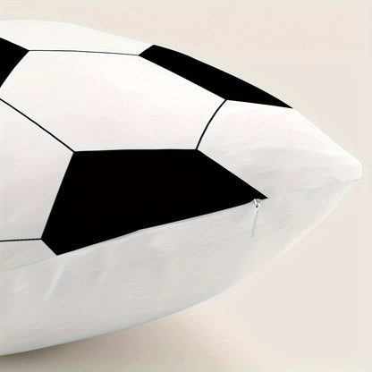 Soccer ball print pillow cover, soft polyester, 45x45cm, black & white hexagonal design, zipper closure, machine washable. Perfect for sofa, bedroom, and living room décor. Ideal for couch pillows.