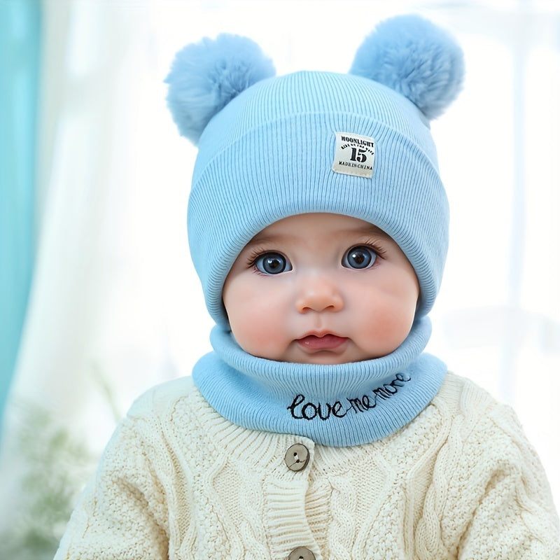 2-piece set of cozy knitted beanie with pom pom and snood featuring alphabet design, ideal for fall/winter, birthdays, and casual attire.