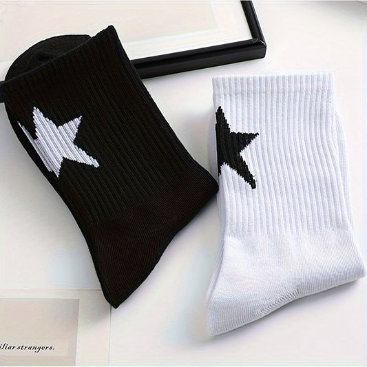 2/3 Pairs of Star Pattern Crew Socks for Men and Women - Breathable Polyester-Spandex Blend, Mid-Calf Basketball Socks with Geometric Design, Black & White, Cute Summer Socks