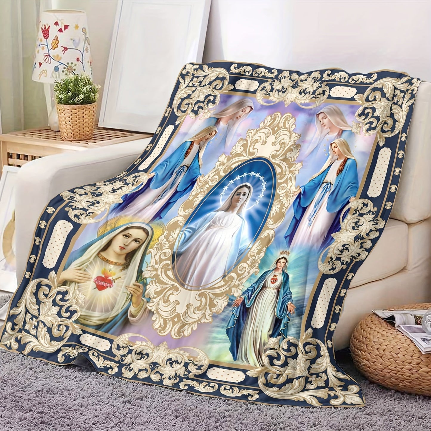 Guadalupe Virgin Mary Religious Blanket in Contemporary Flannel Style - A Soft and Cozy Fleece Throw with Digital Printing, Machine Washable and Multipurpose Gift for Christian Catholics. Made of 100% Polyester, Suitable for All Seasons.