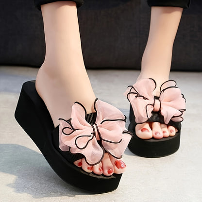 Women's Bowknot Wedge Heeled Sandals, Open Toe Platform, Slip On Comfort.