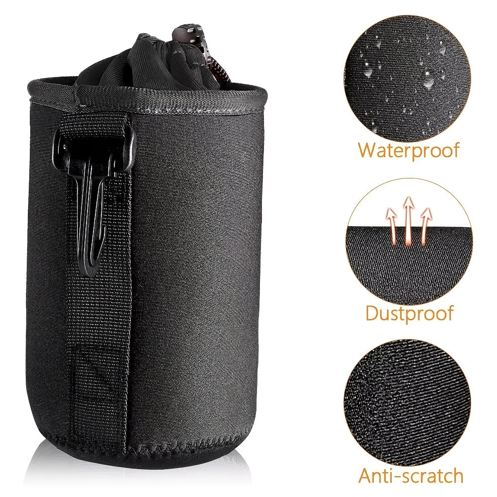 Durable set of camera lens pouches made of waterproof synthetic fabric. This shockproof DSLR lens storage bag comes with a drawstring and clip for easy carrying. Perfect for photographers, this portable lens protector bag is available in 4 different