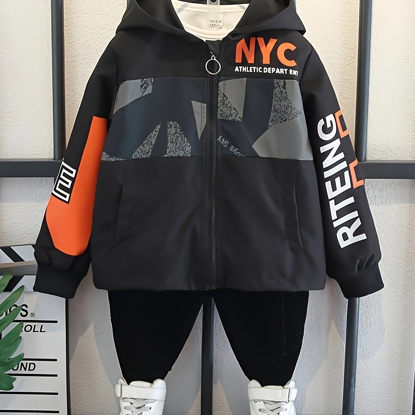 Stylish Boy's Loose Hooded Jacket with Zipper, NYC 95 Letter Print for Spring/Autumn Kids Outwear.