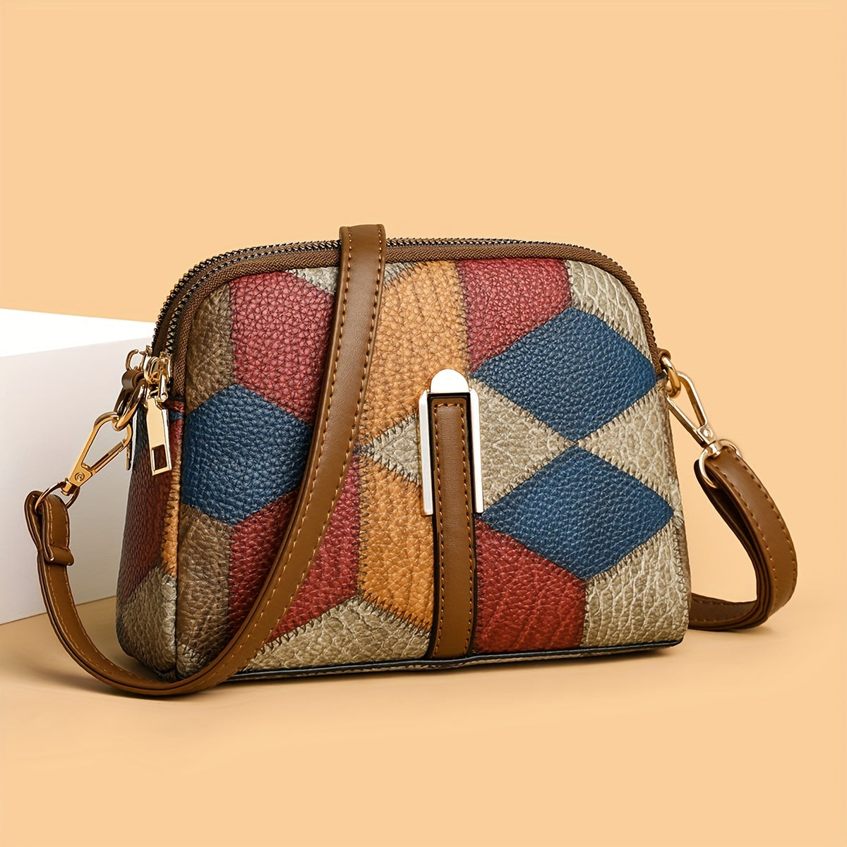 Colorblock crossbody bag featuring a retro rhombus pattern, ideal as a fashion shoulder bag for women.