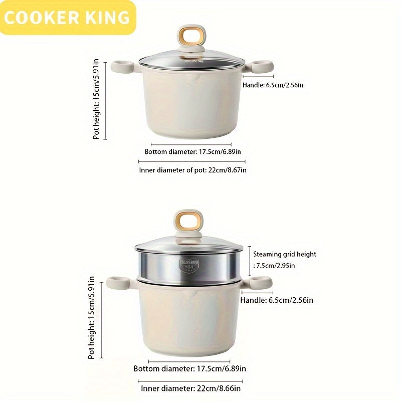 COOKER KING 22.1cm Saucepan with Steamer - Nonstick Titanium & Ceramic Coating, Extra High Sided, 5L Capacity, PFAS-Free, Wooden Handle for Safe Grip, Compatible with Gas, Electric, and Induction Cooktops - Green Color, by COOKER KING