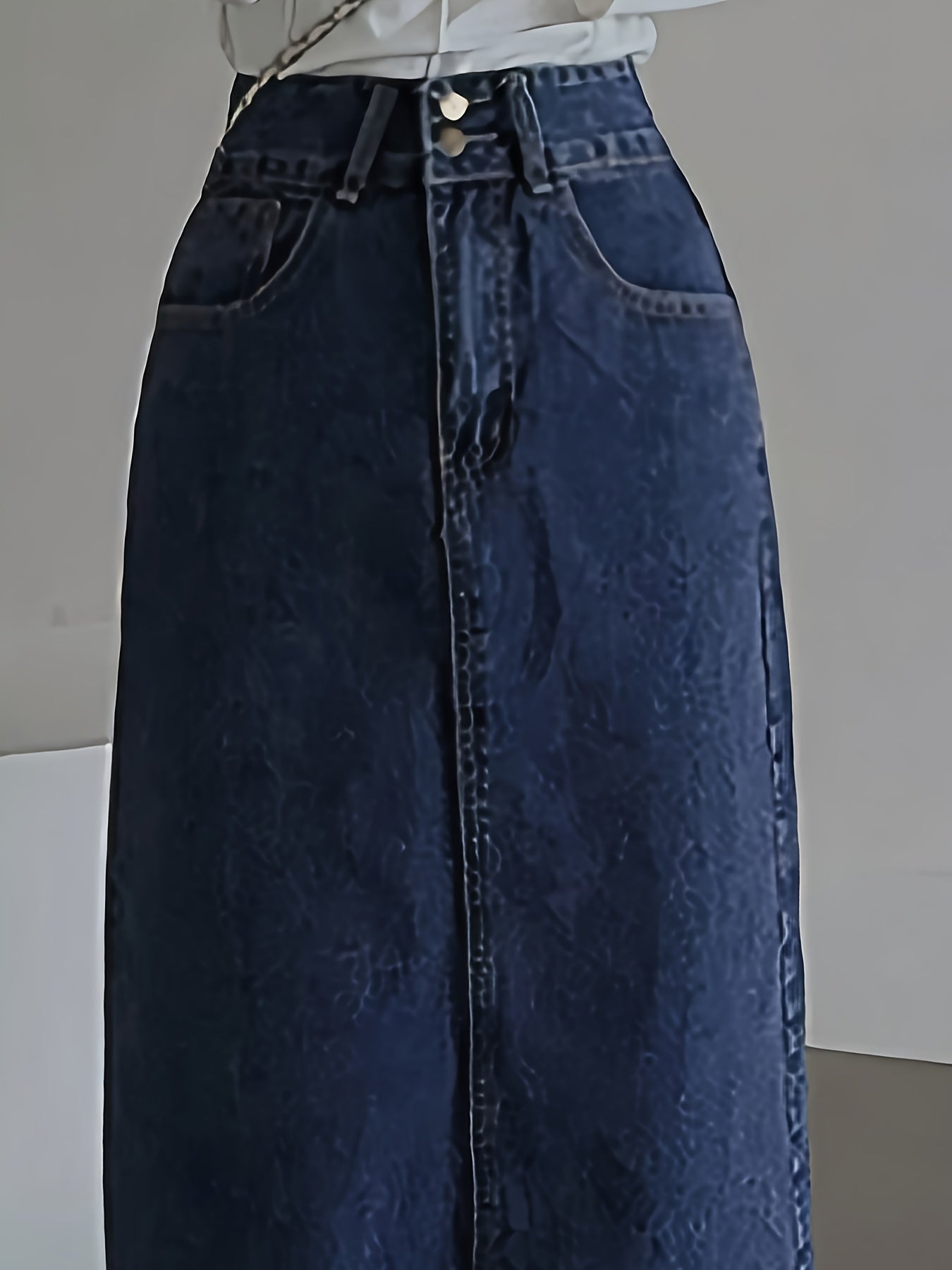 Dark washed maxi denim skirt with retro style and split back hem for women