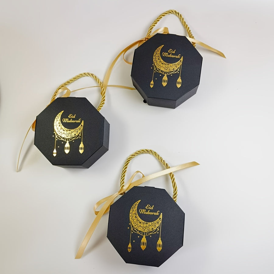 5 Eid Mubarak Candy Gift Boxes, Ramadan Kareem Paper Favor Boxes with Party Supplies for Muslim Holidays.