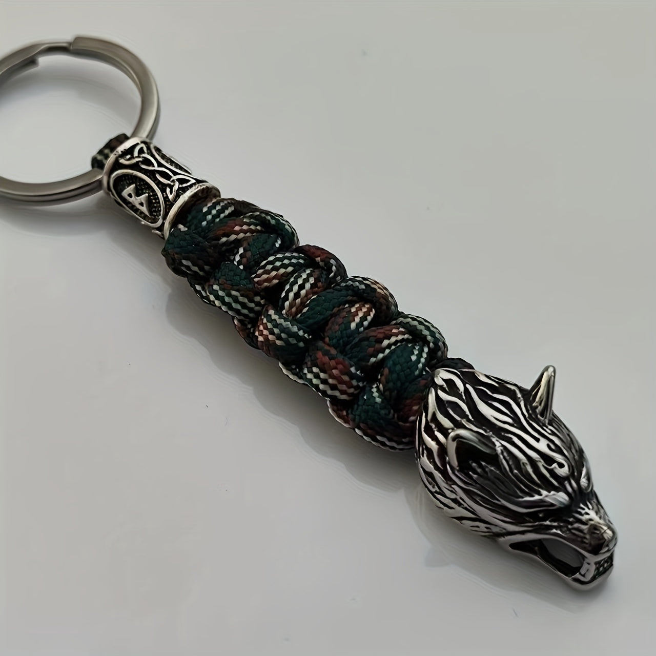 Men's Fashion Accessory: Viking Wolf Head Keychain in Stainless Steel - Hand-Woven Polyester, Sporty and Stylish Key Chain