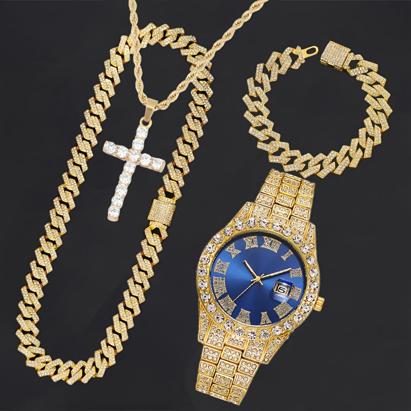 Set of 4 pieces: Men's Rhinestone Wrist Watch and Cross Pendant Jewelry Set, suitable for both Men and Women.