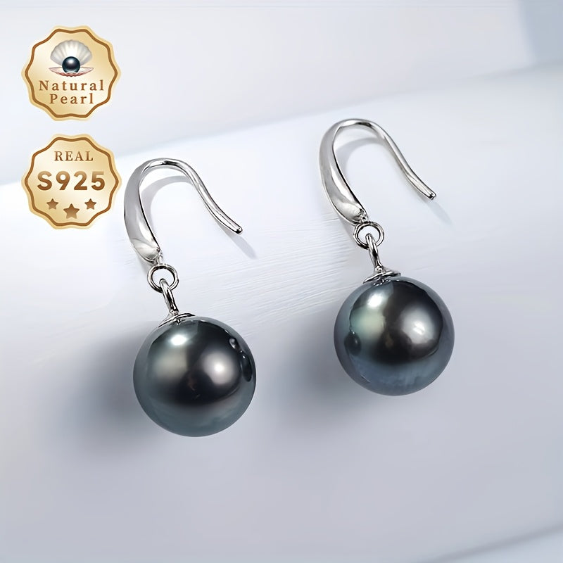 Perfect Gift Idea: Stunning Pair of Pearl Earrings, Stylish Dangling Earrings for Women, Featuring 9-10mm Large Round Tahitian Black Pearls Set in S925 Silver by Meiyu. Includes Gift Box. Please Note: Each Natural Pearl is Unique in Shape and Color, with