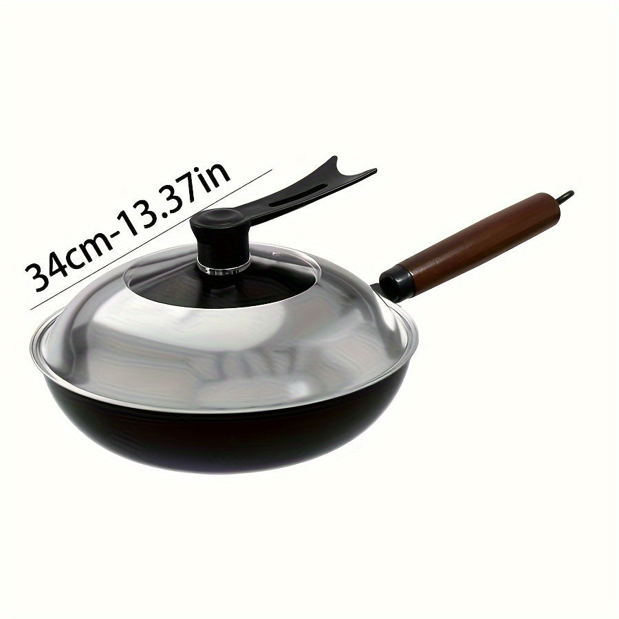 This fine iron wok is crafted with a 0-layer hammer pattern design, ideal for cooking. It is non-stick and perfect for household use on induction cookers or gas stoves. Featuring a universal flat bottom design, this wok comes in multiple sizes for you to