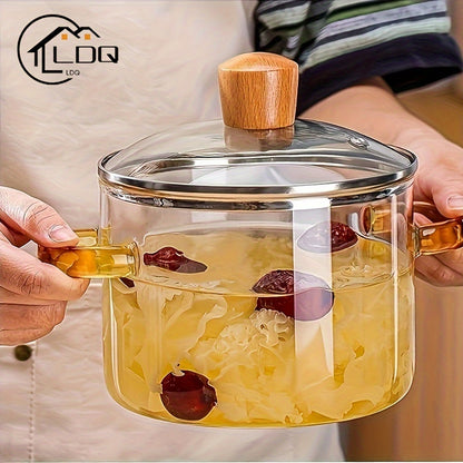 1.5L Glass Simmer Pot - Heat-resistant, stovetop & microwave safe, dual yellow handle, transparent cooking pot for soup, milk, porridge, and more - Durable, non-toxic, and easy to clean.