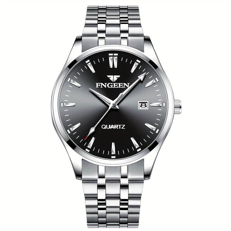 Elegant business watch for men with calendar feature- sleek design, ultra-thin Quartz movement, and stainless steel band.