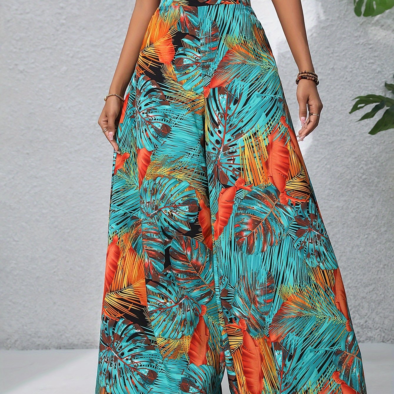 Boho Plants Print Pants - High Waist Wide Leg Palazzo, Women's Summer Beach Wear