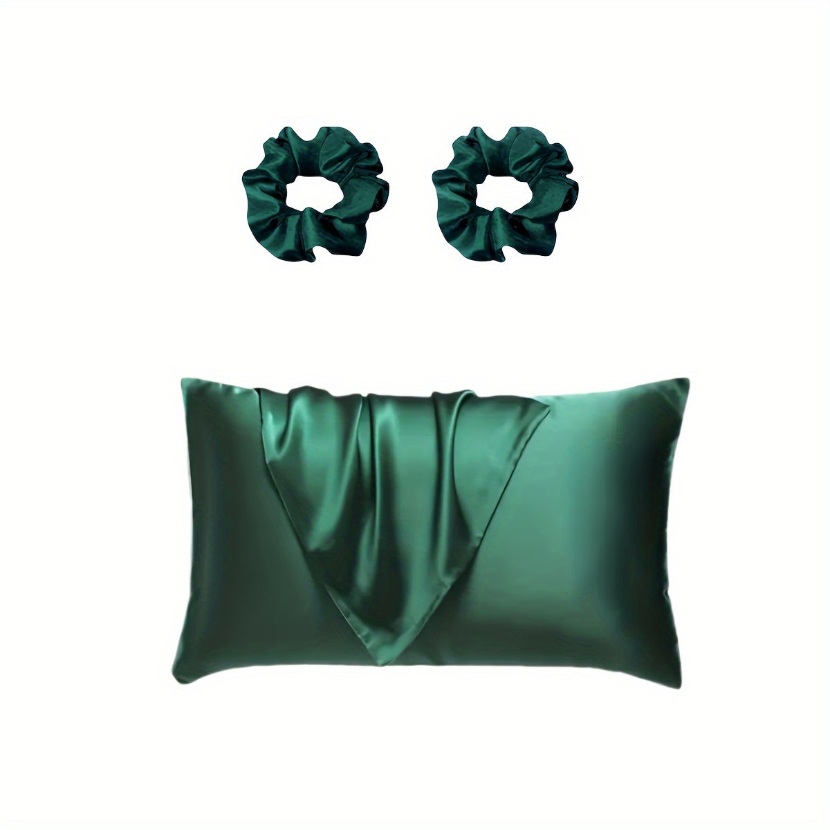 Luxurious satin pillowcase and hair scrunchies with minimalist design. Ideal for home, hotel, or bedroom use. Includes matching set of 2 scrunchies.