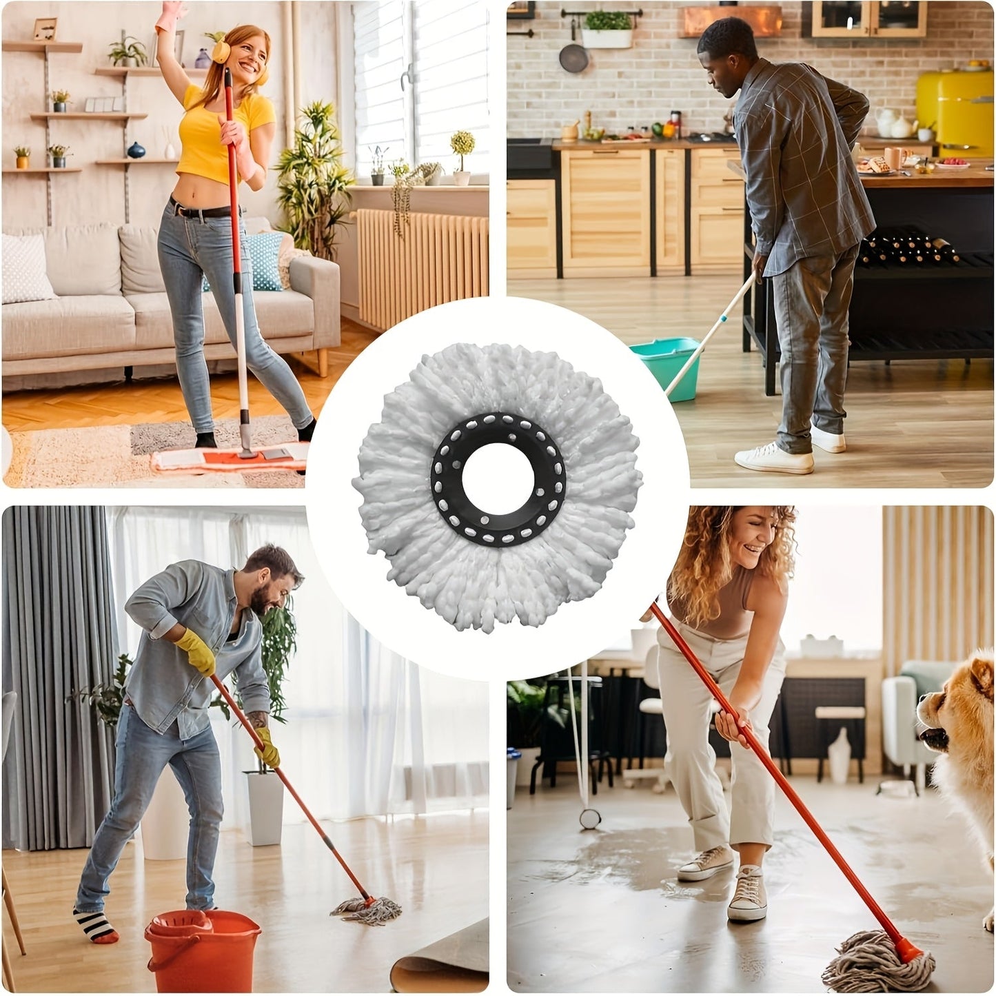 Replacement mop heads for hardwood, kitchen, and bathroom floors with 360° cleaning ability - 6-pack of microfiber spin mop heads.