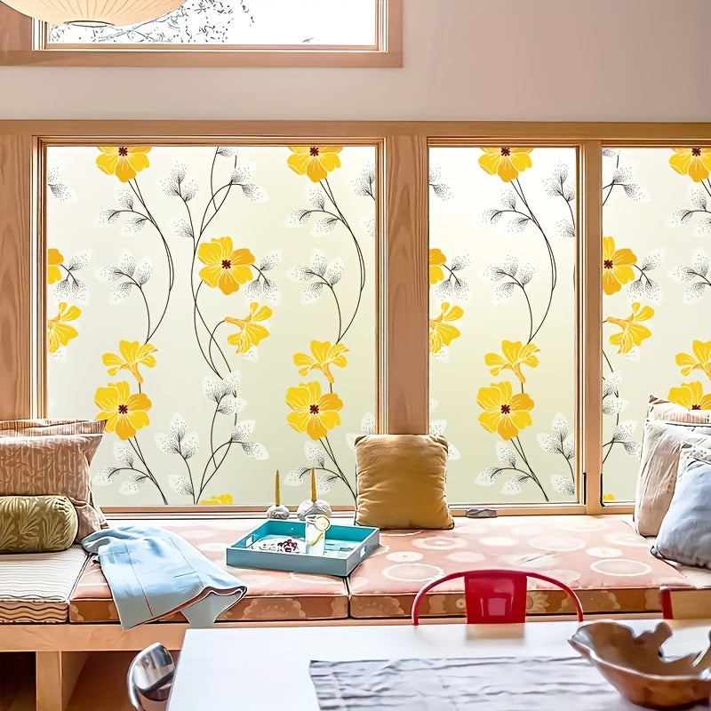 Yellow Floral Pattern Static Cling Window Film - Window Privacy Sticker for Home Decor