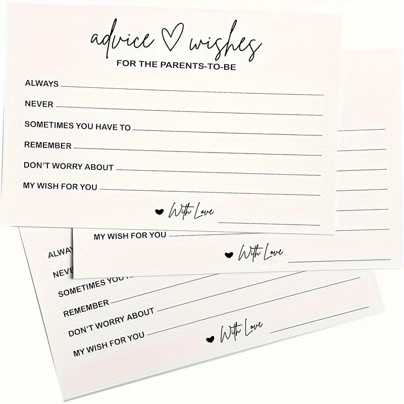 50-pack of advice and well wishes cards for expecting parents, perfect for preserving memories of the event. These activity cards measure 15.24x10.16 cm and are made of durable cardstock, featuring fun prompts for party games and stationery.