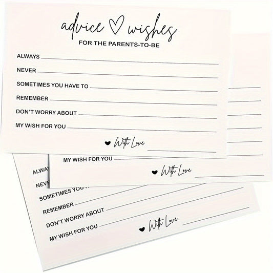 50-pack of advice and well wishes cards for expecting parents, perfect for preserving memories of the event. These activity cards measure 15.24x10.16 cm and are made of durable cardstock, featuring fun prompts for party games and stationery.