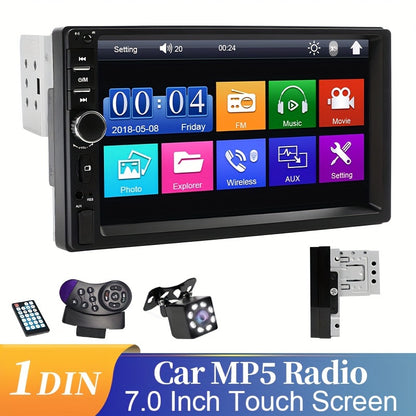 7-inch touchscreen car MP5 multimedia player with FM radio, aux, USB, wireless, MirrorLink for smartphones. Optional rear view camera & steering wheel control. Ideal for back-to-school.