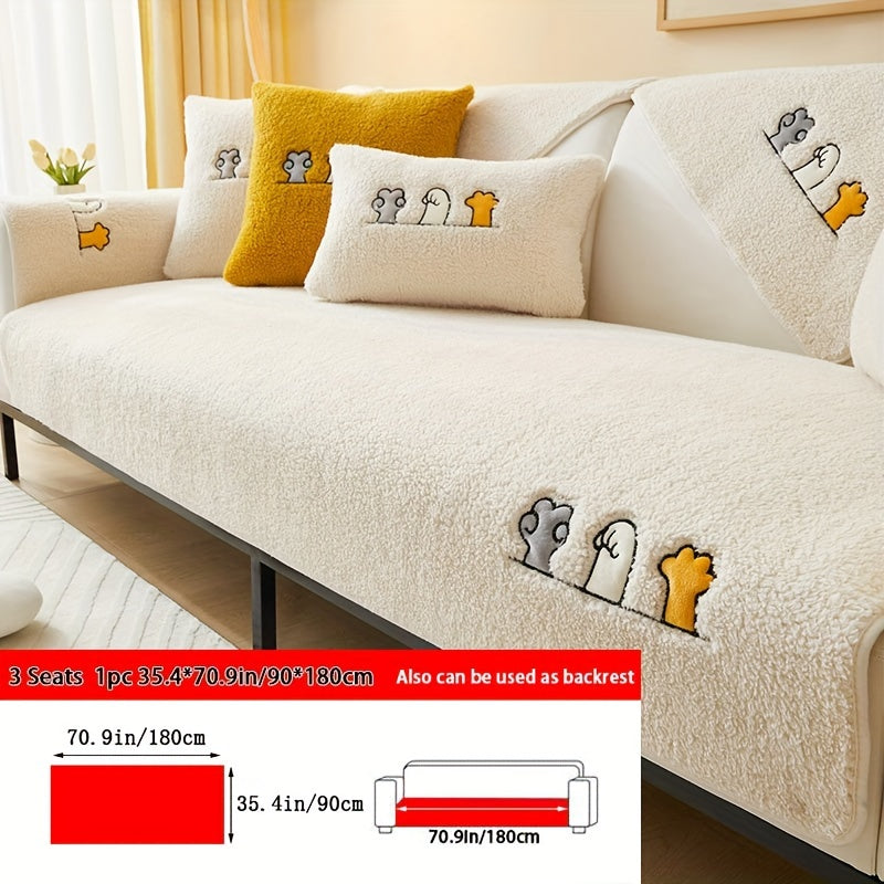 Plush Shearling Sofa Cover with Animal Embroidery - Pet-Friendly, Non-Slip Protector for All Sofa Sizes - Soft Decor for Living Room, Bedroom, Office.