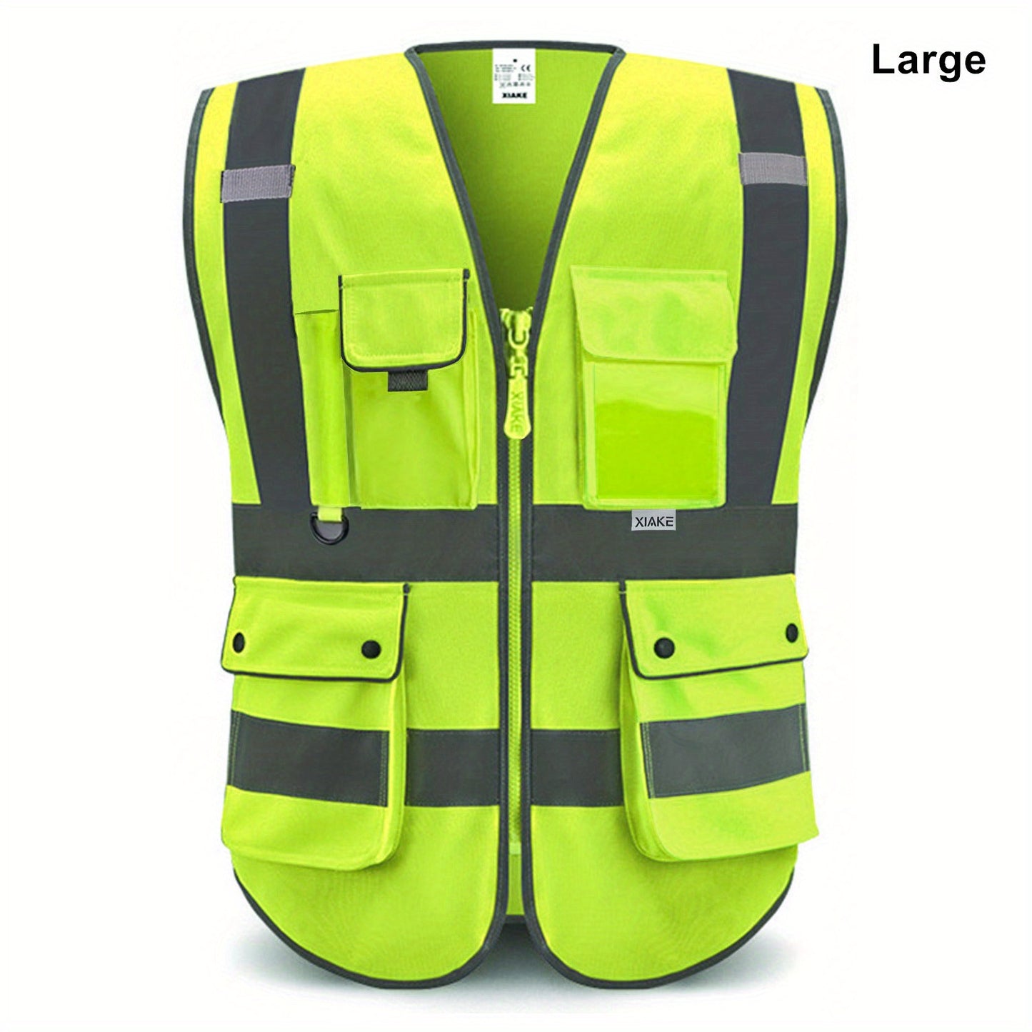 Stay safe and visible in ANSI/ISEA certified reflective safety vest with 8 pockets and zipper.