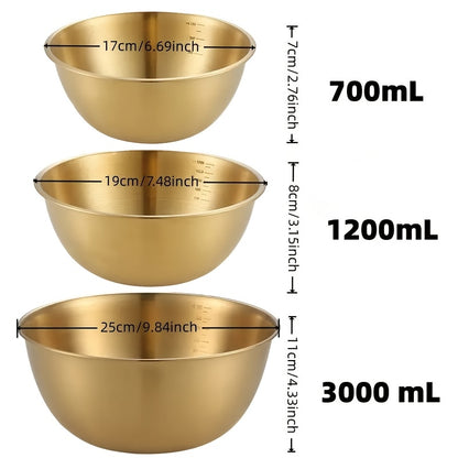 Set of 3 stainless steel salad bowls with measuring marks, various sizes - 700ml, 1200ml, 3000ml