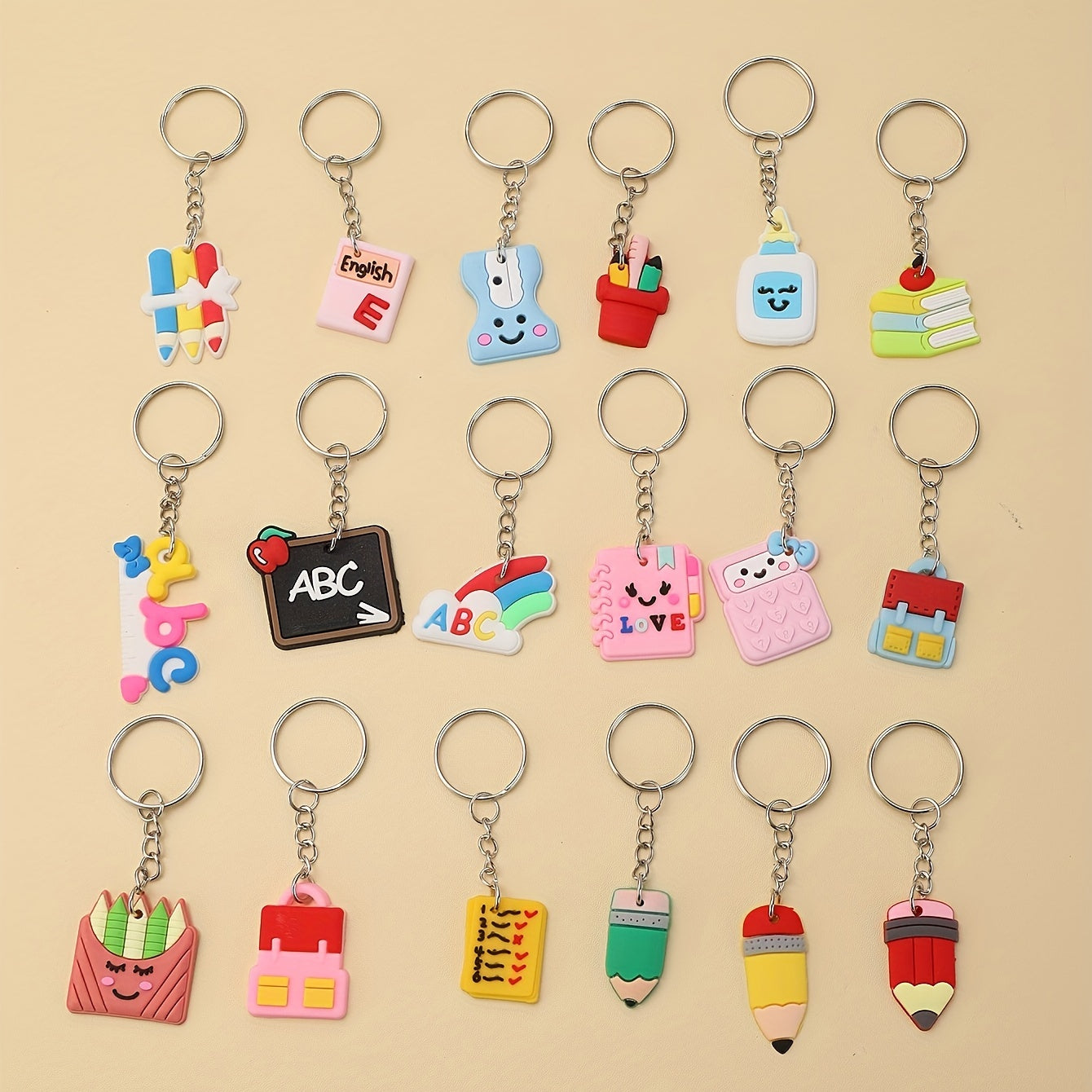 Set of 18 Youngsters' Stationery Keychains - Adorable PVC Charms for Backpacks & Wallets, Ideal for Classroom Rewards & Gifts for Youngsters' Day