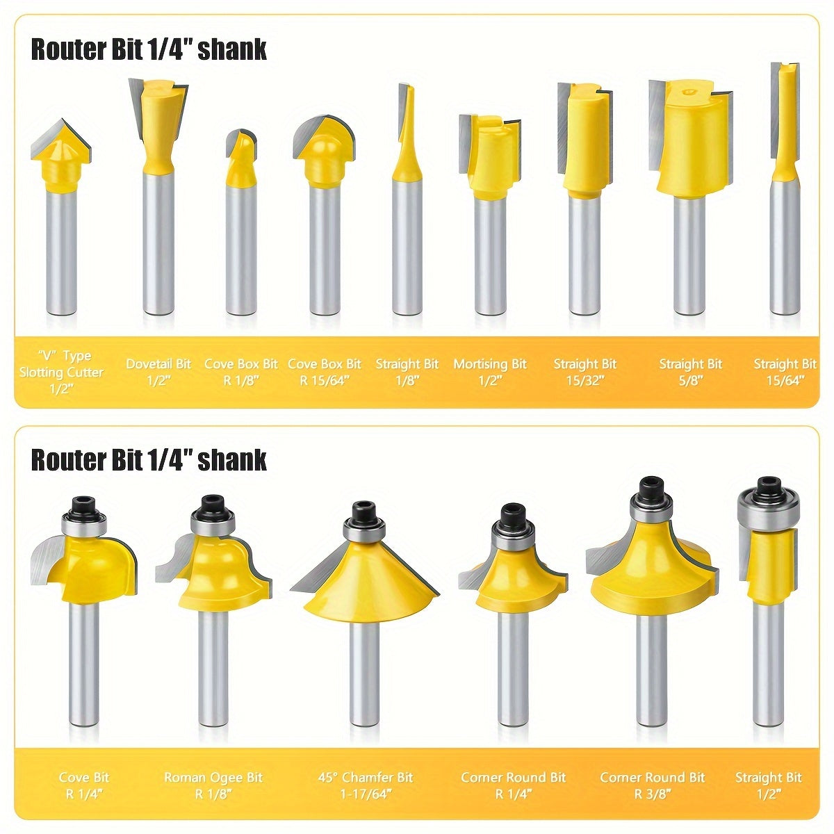 Set of 15 6mm router bits with 1/4" and 8mm shanks for woodworking in a wooden case. Ideal for trimming, slotting, and engraving wood with tungsten carbide milling cutters.