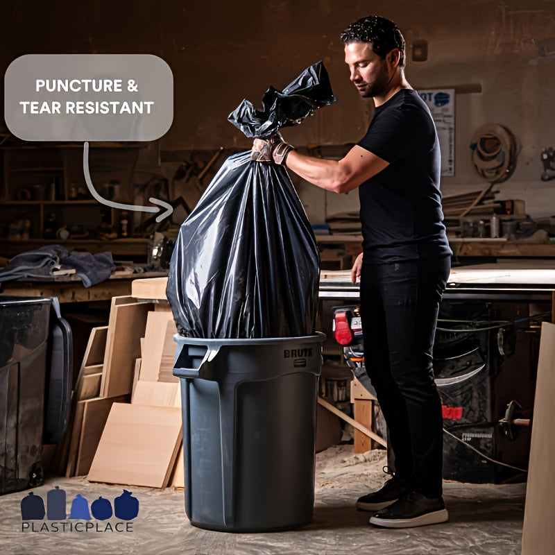 100 count of versatile plastic garbage bags - sturdy, tear-proof black trash bags with a 55-gallon capacity for commercial and yard cleanups. Perfect for big brute trash cans.