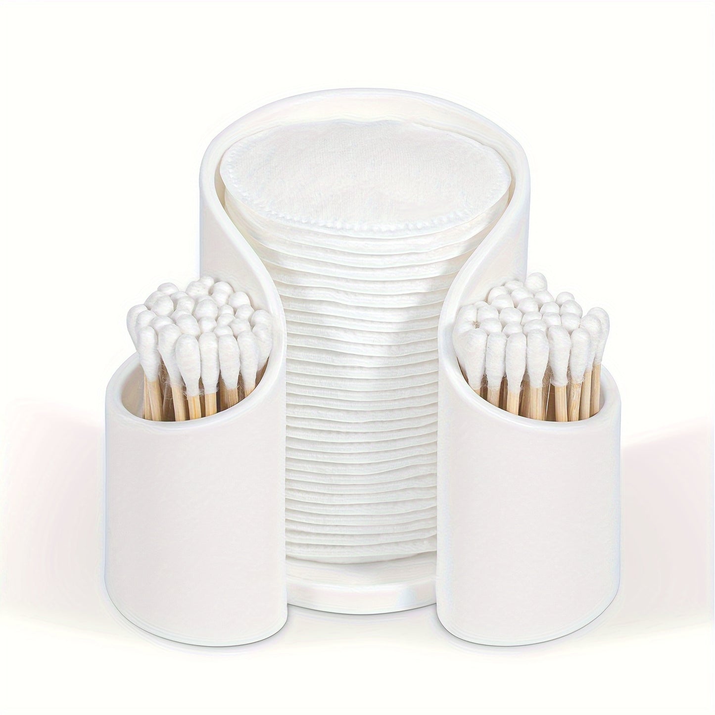 Versatile plastic dispenser for pads and dental floss, with countertop storage. Can be used independently without electricity.