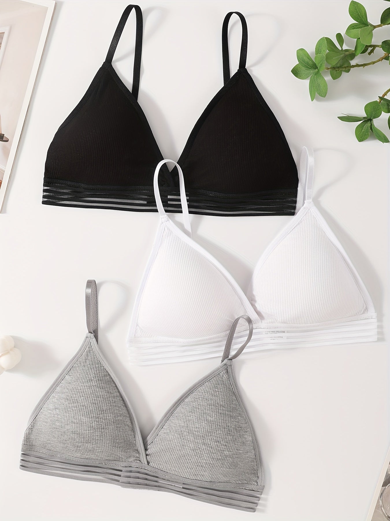 3 Women's Wireless Ribbed Bras - Comfortable & Breathable, Striped V-Neck with Removable Pads, Elastane & Polyamide Blend, Hand Washable - Black, White, Gray.