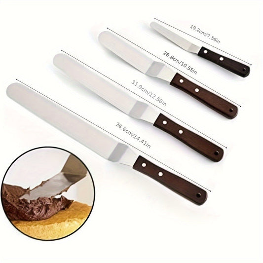 4 ta Professional Noxudli Po'latdan Yasalgan Tortni Bezaklash Spatulalari - 4", 6", 8" va 10" o'lchamdagi Moslashuvchan va Mustahkam Pichoq bilan Qulay Yog'och Tutqichlar bilan birga