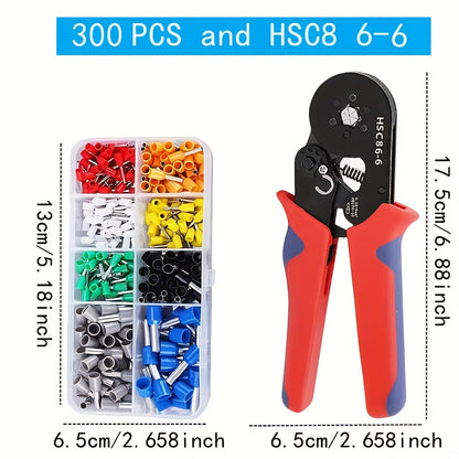 Crimping kit includes 300pcs-1200pcs single box VE tubular crimp terminals and pliers for cable electrical connectors, insulated wire connections.