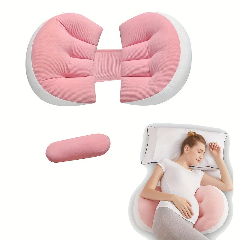 SoftTouch U-Shaped Pregnancy Pillow with Adjustable Full Body Support. Ideal for Side Sleeping and provides Multi-Functional Relief for Back, Waist, Abdomen, and Legs. Features a Detachable and Washable Polyester Fiber Breastfeeding Pillow.