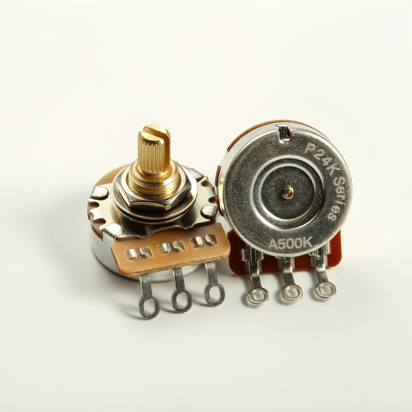 Two Brass Guitar Potentiometers - 3/8" Short Shaft, 15.5mm, 250k/500k Options for Electric & Bass Guitars, Low Noise, Smooth Performance, 24-tooth Copper Bass