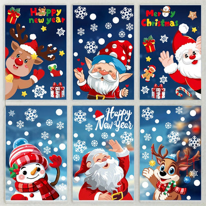 Set of Christmas window clings featuring PVC static Santa Claus and reindeer decals, along with a freestanding festive rabbit theme decor. These non-electric, featherless decals are perfect for adding a touch of holiday cheer to your home. Use them to