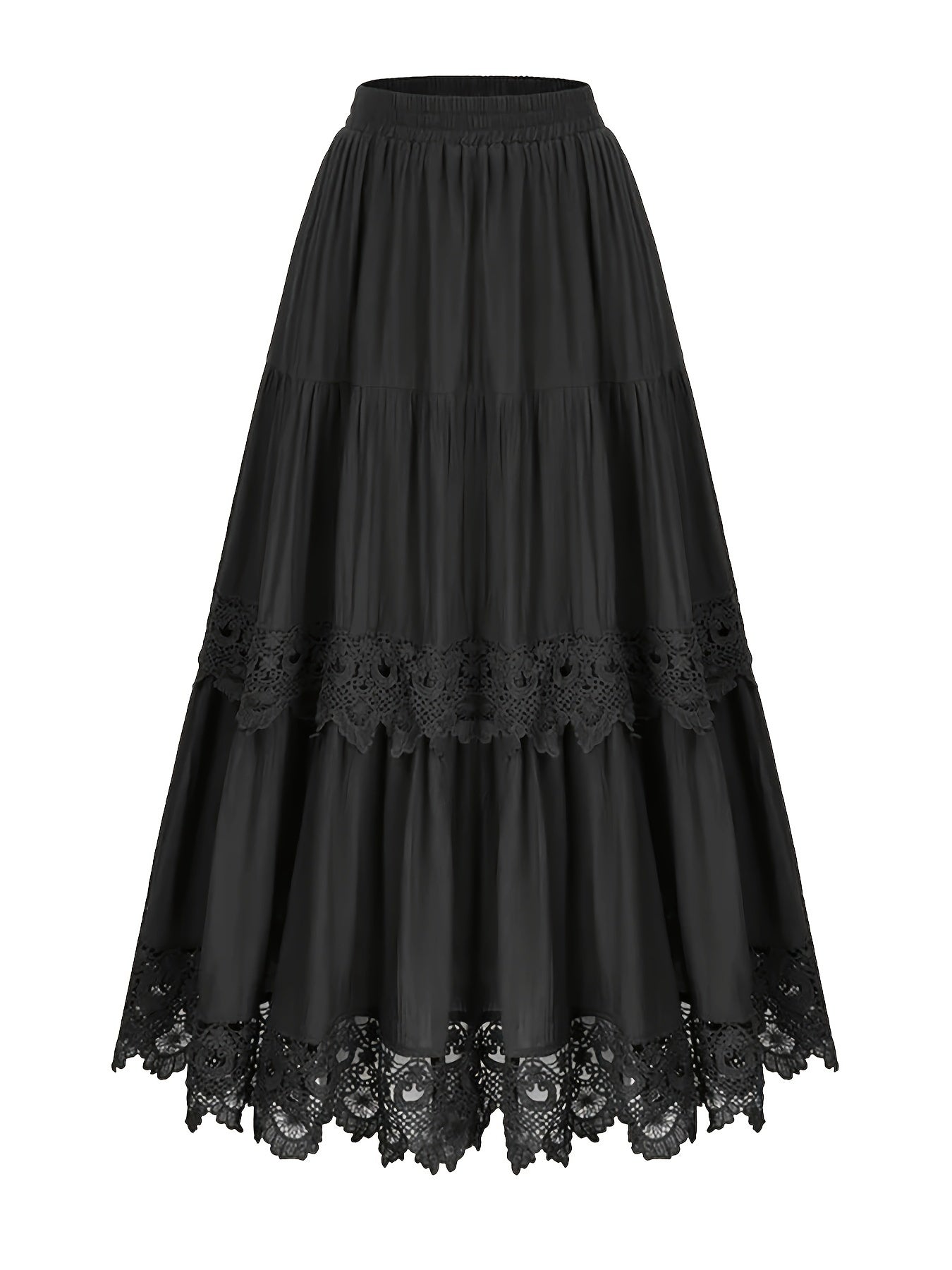 Plus size tiered skirt with lace detail, polyester, a-line, long, elastic waist, solid color, loose fit for all seasons.