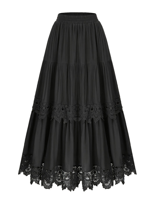 Plus size tiered skirt with lace detail, polyester, a-line, long, elastic waist, solid color, loose fit for all seasons.