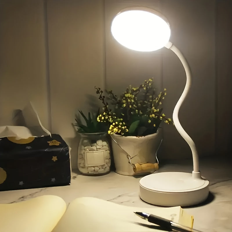 Adjustable USB-powered LED desk lamp with 3-level dimmer for eye-friendly lighting.