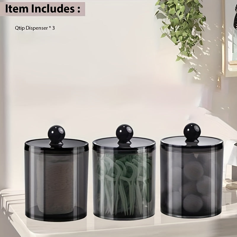 10 oz black plastic apothecary jar for bathroom storage of cotton balls, swabs, rounds, floss picks, hair clips, and ties.