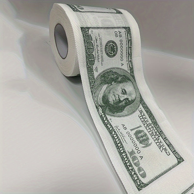 A humorous $100 bill toilet paper roll featuring money pattern design. Made of wood pulp paper tissue, this novel gift is perfect for household cleaning supplies, party supplies, party decor, home decor, or as a unique holiday gift.