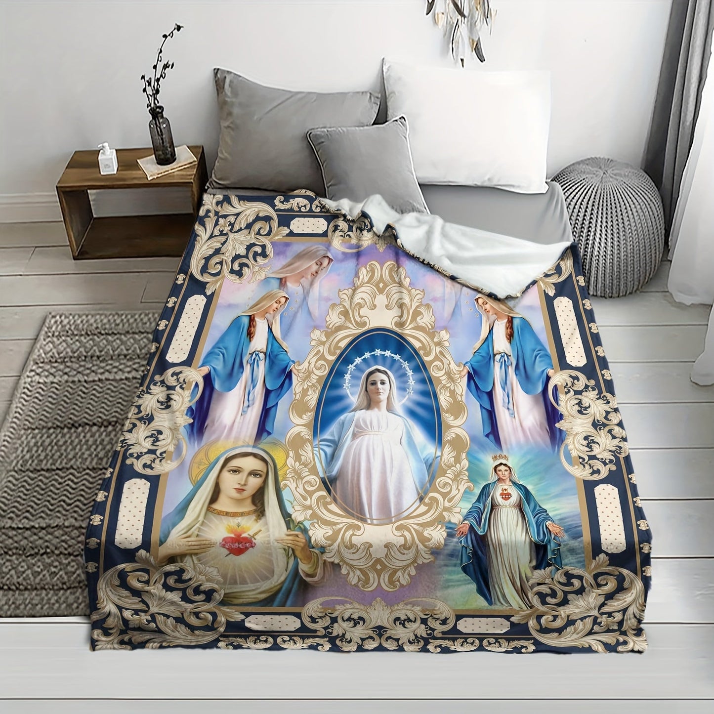 Guadalupe Virgin Mary Religious Blanket in Contemporary Flannel Style - A Soft and Cozy Fleece Throw with Digital Printing, Machine Washable and Multipurpose Gift for Christian Catholics. Made of 100% Polyester, Suitable for All Seasons.