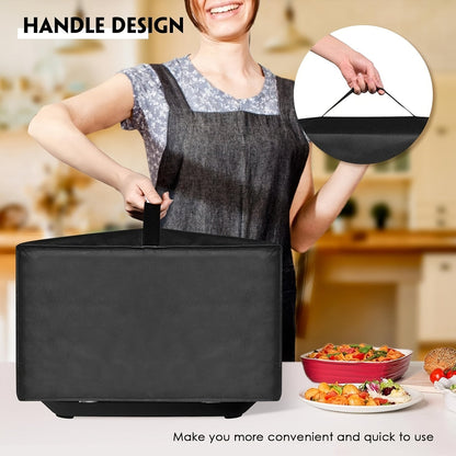 The sleek black/gray durable waterproof microwave oven dust cover features a foldable design and is easy to clean. It includes a handle for added convenience and is compatible with most microwaves. This protective cover helps keep appliances clean by